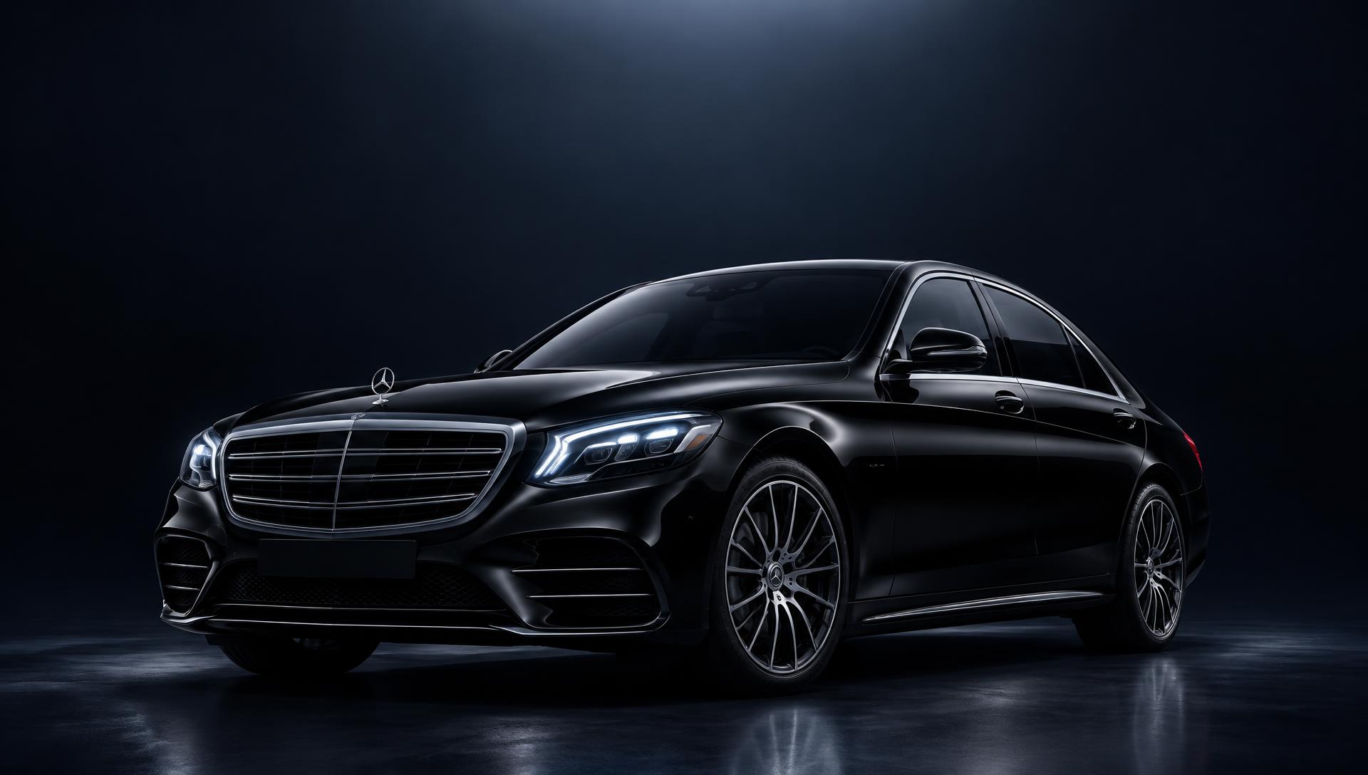 Glossy black luxury sedan under soft studio lighting